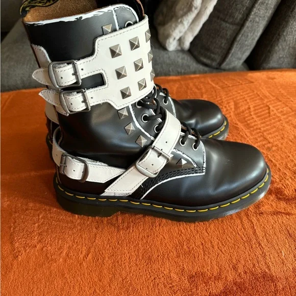 Dr. Martens Black and White Studded Combat Boots - Picture 6 of 7